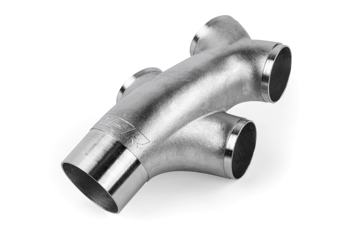 APR Cast Stainless Steel Double Y Splitter - 76mm (3) to Quad 63.5mm (2.5) - APR Part EXH0146